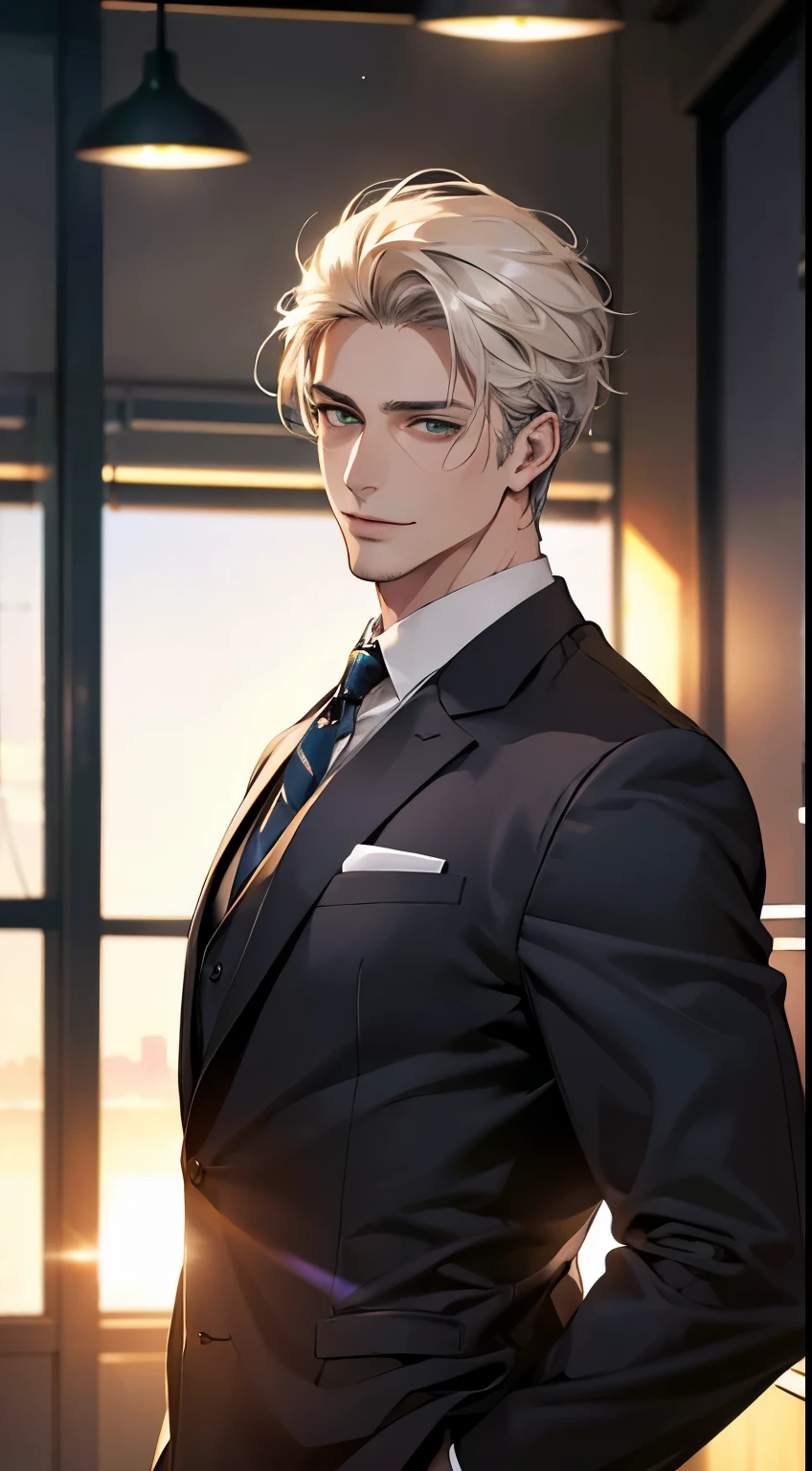 (Highest quality,4K,8K,High resolution,masterpiece:1.2),Super detailed,(Realistic,photoRealistic,photo-Realistic:1.37),1 person,34 years old,Mature Men,Beautiful skin、very handsome,Expressionless smile in love,Short white hair,green eyes,Sharp Eyes,A perfect face without a doubt,Businessman, CEO, Office Background,Cinema Lighting,HDR image,tie、