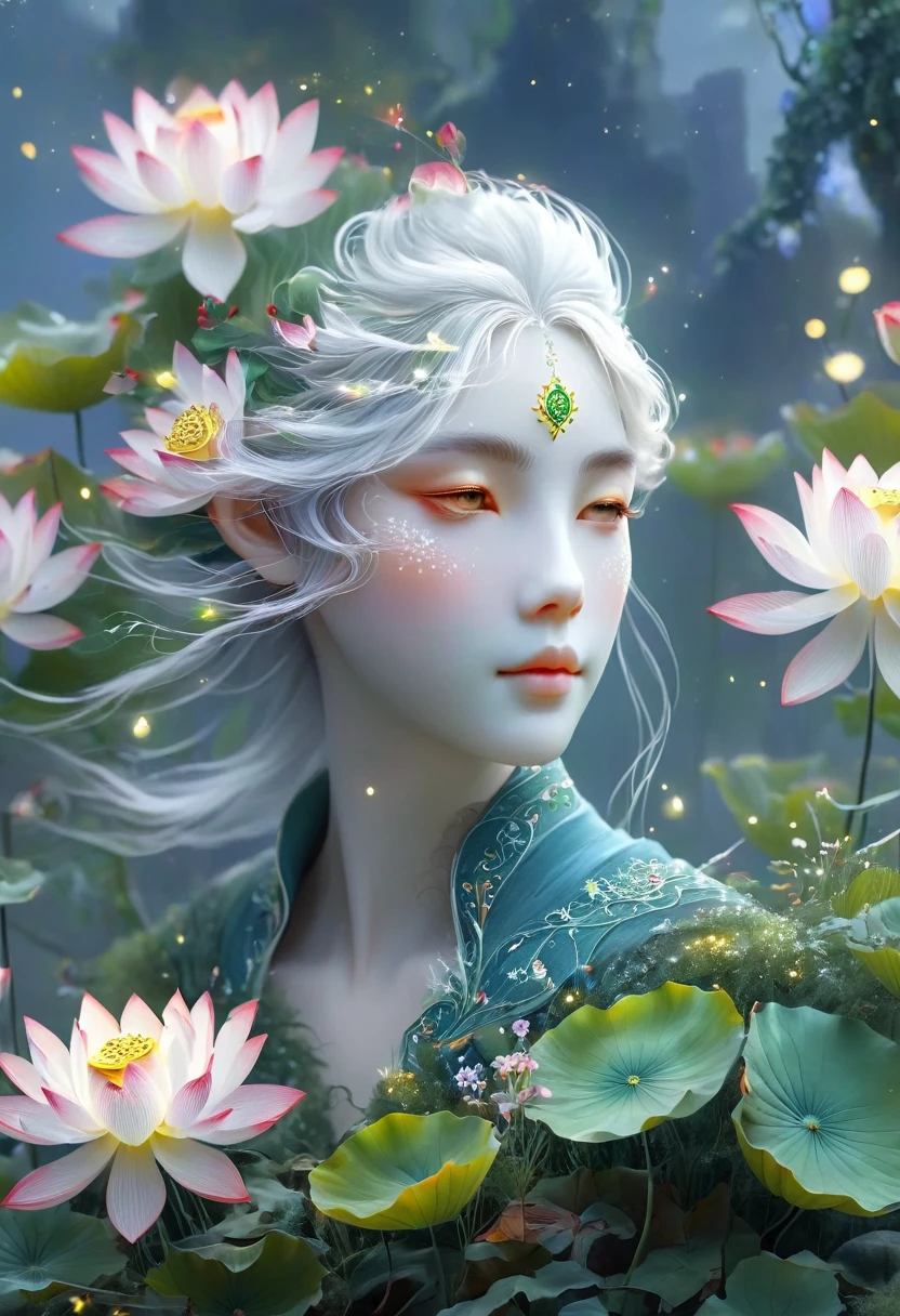 (best quality,4K,8K,high resolution,masterpiece:1.2), Very detailed, (Practical,lifelike,lifelike的:1.37),Perfect job，（（（Beautiful magic elf， White hair，）））。lotus，Frost，transparent。，High Dynamic Range，Ultra HD，Light，Super beautiful painting，Clear focus，Physically Based Rendering，Very detailed的描述，Main，Vibrant colorlur background。 Art style：portrait，fantasy，Magical Creatures，Cool colors，Ethereal atmosphere。身体发Light，发Light的线条，荧Light,发Light例子，Tracking Example，闪Light，萤Light粒子，逆Light，透Light，Light粒子
