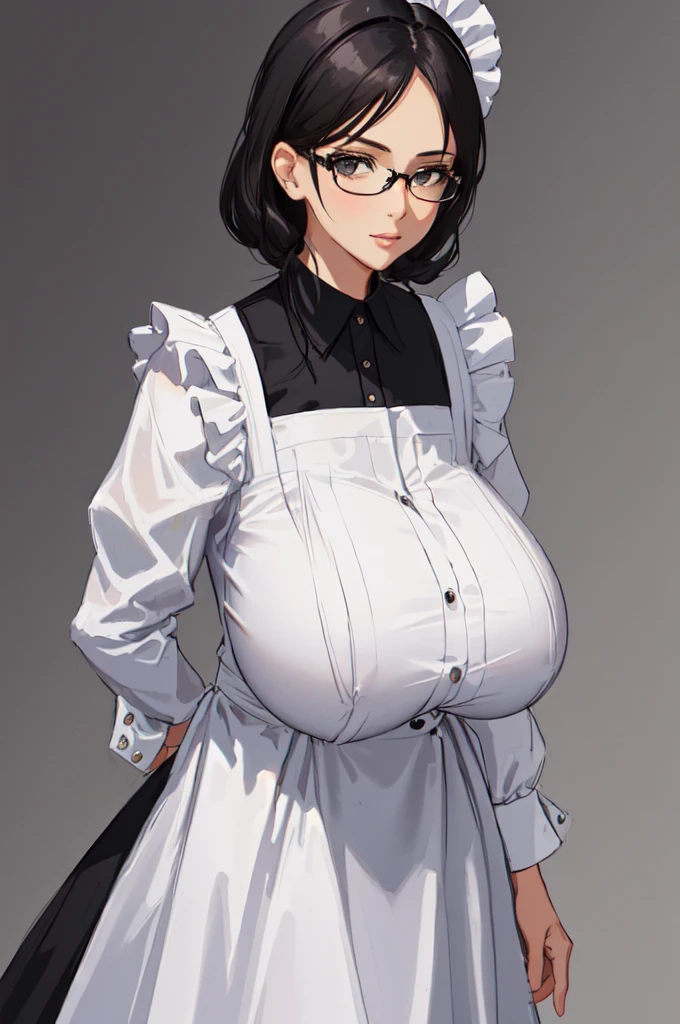 {{masterpiece}},high quality, 4K, 2D, 1 girl,{simple gray background},(attractive mature lady:1.6),milf,standing,sagging breasts,(gigantic breasts:1.5),maid,front face,{{tareme}},attractive mature lady,black hair, {from right in front of face and body},View viewers from front,{front facing shot},Wear glasses,(serious:0.1)