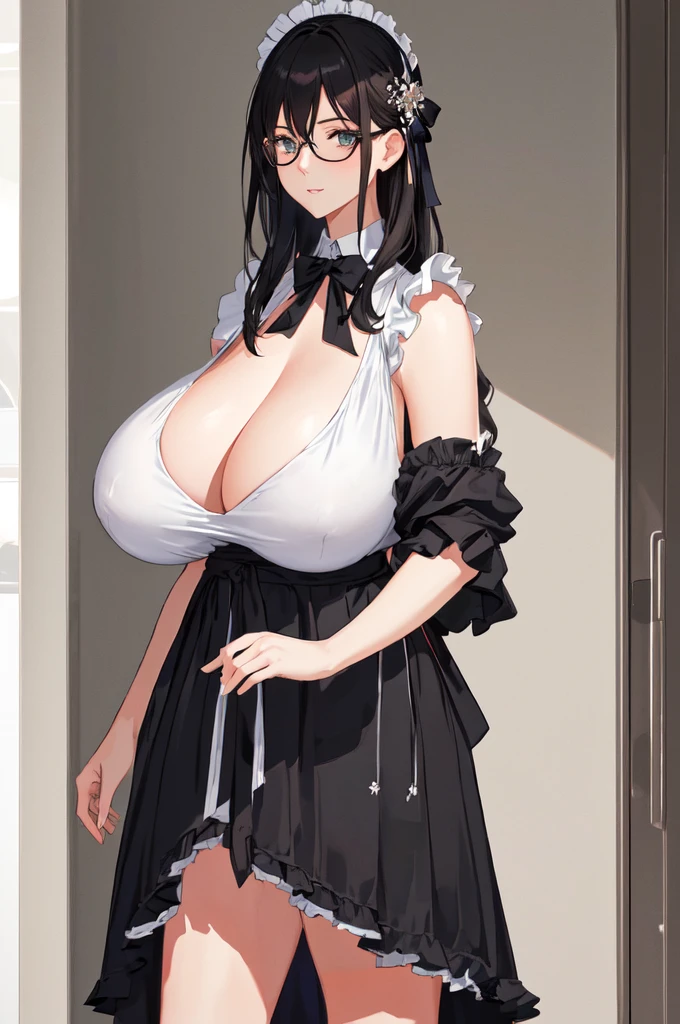 {{masterpiece}},high quality, 4K, 2D, 1 girl,{simple gray background},(attractive mature lady:1.6),milf,standing,sagging breasts,(gigantic breasts:1.5),maid,front face,{{tareme}},attractive mature lady,black hair, {from right in front of face and body},View viewers from front,{front facing shot},Wear glasses,(serious:0.1)