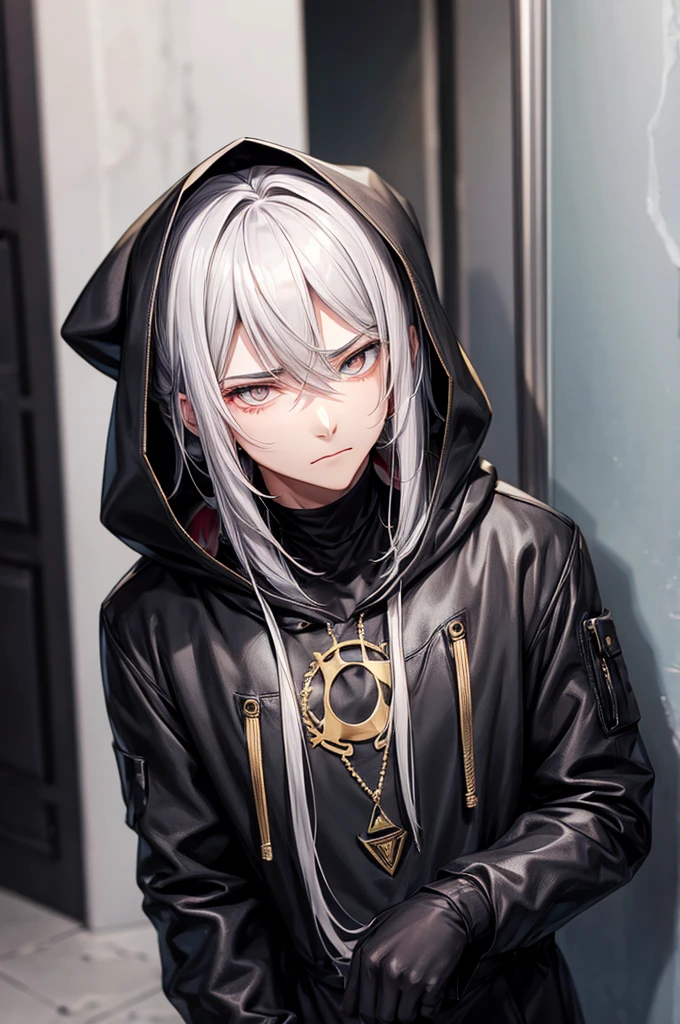 naughty man, seducer, gray hair, gold eyes, hood and black clothes, cold stare