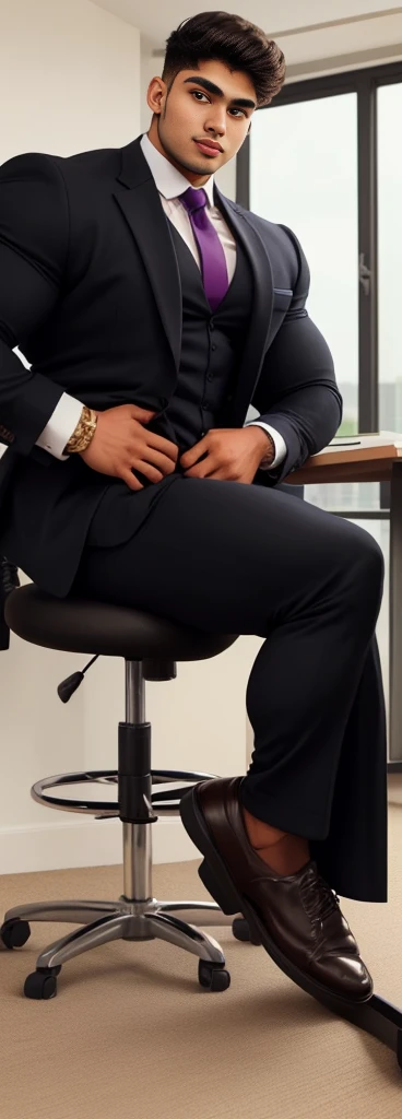 4 meter tall slightly overweight indian men. 20 years old. Childish Young hairless fresh face. In london with friend. Very sexy Posing for camera. Muscular. Wearing a tight black and office suit . Big ass. Smooth body and face. Belly seen. Long long legs. Sitting on chair. View from the back.