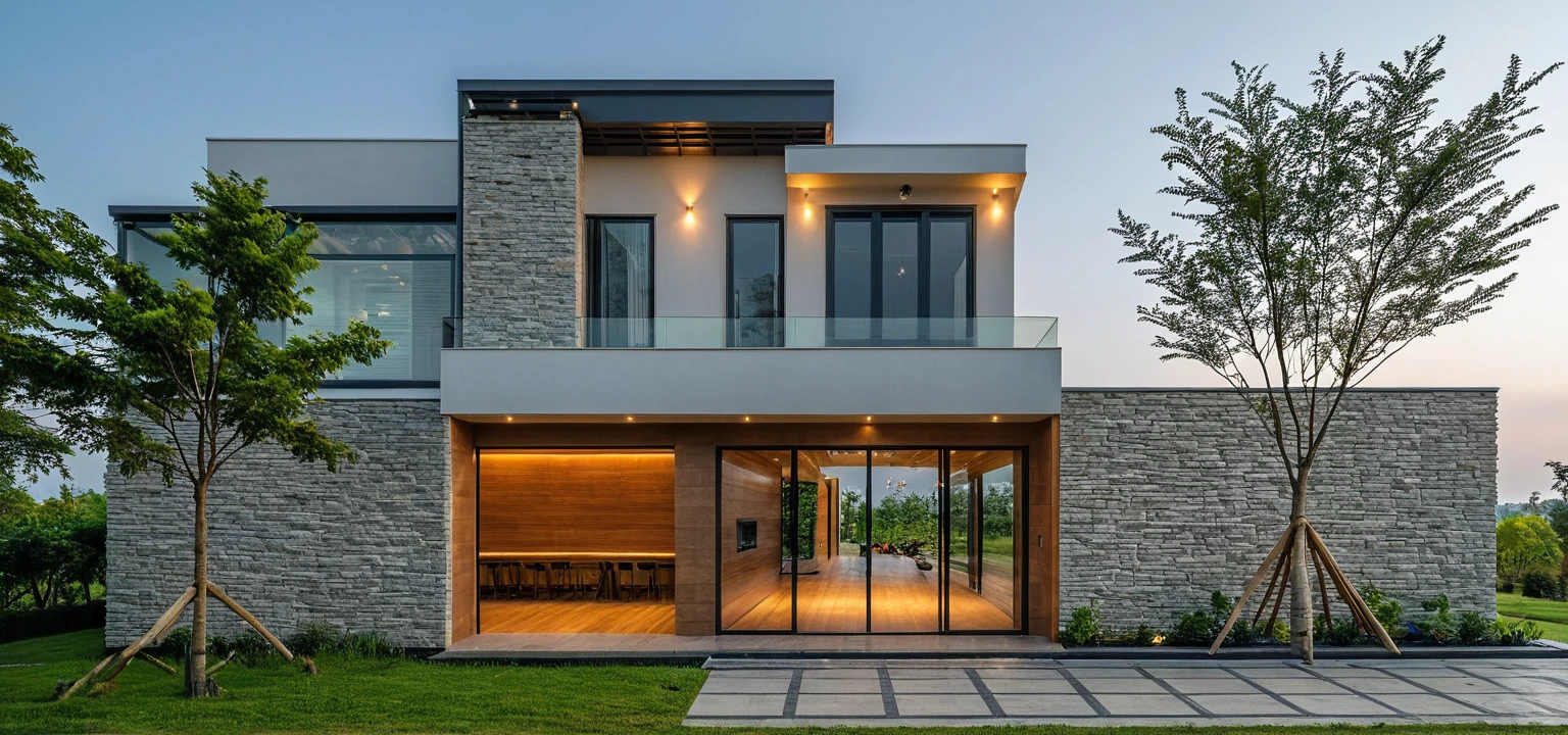 RAW photo, subject, 8k uhd, dslr, soft lighting, high quality, film grain, Fujifilm XT3, A Capture of stunning modern architecture, 1 floor- house, pine tree, grass, white wall, wooden, nature stone with long and sharp reed