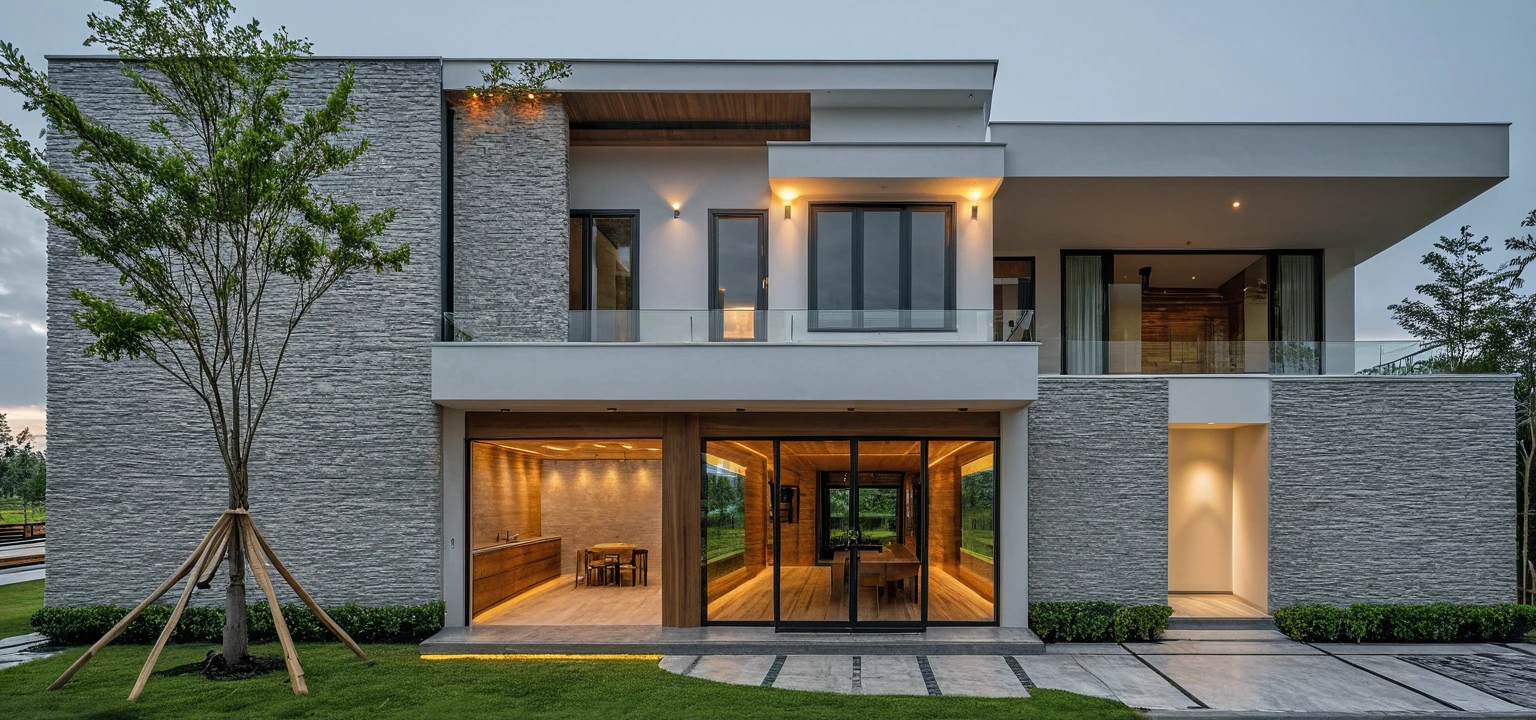 RAW photo, subject, 8k uhd, dslr, soft lighting, high quality, film grain, Fujifilm XT3, A Capture of stunning modern architecture, 1 floor- house, pine tree, grass, white wall, wooden, nature stone with long and sharp reed
