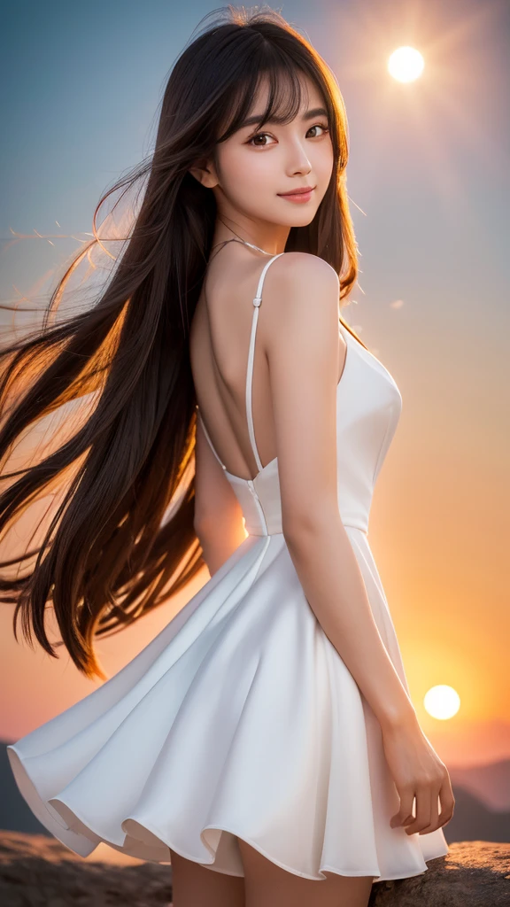 (highest quality, 32k, High resolution, Masterpiece:1.5), Beautiful Japanese Girl, An exceptionally beautiful face, Full body shot, Looking back, Perfect Human Anatomy, Shiny black hair, Intricately messy super long straight silk hair, long bangs with asymmetry, Hair between the eyes, Magical big eyes, Beautifully trimmed thin eyebrows, Smooth and soft white skin, Pale pink lips, Natural Makeup, Cheek gloss highlight, Small Face Beauty, A gentle smiling profile, ((High-quality white dress)), Looking back, Slender body and big bust, High resolutionの美しい太もも, Beautiful feet, ((Land of Sunset)), Illuminated by dazzling backlight, The beginning of the night, A huge red sun setting over the horizon, Professional photographer, Professional models