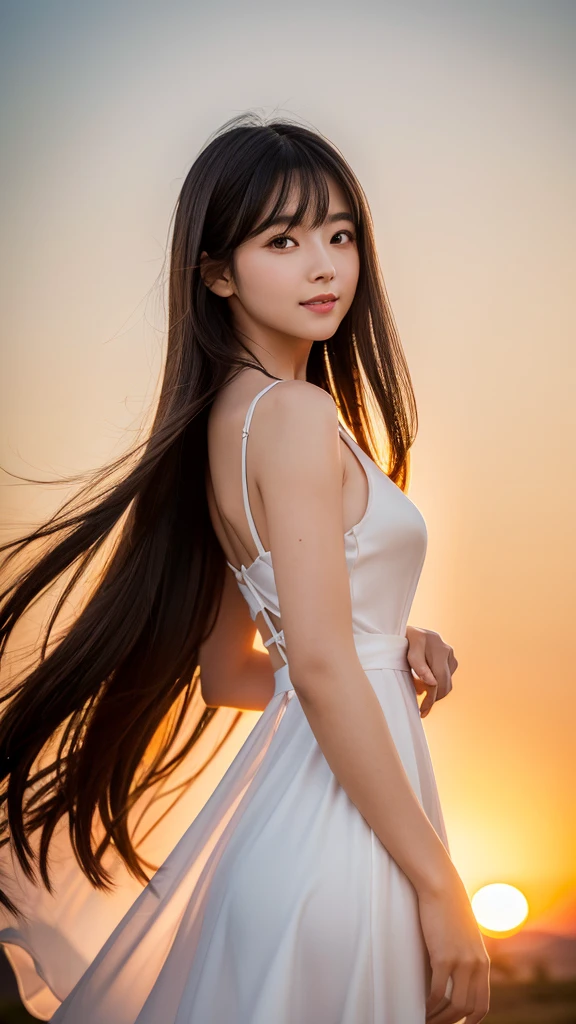 (highest quality, 32k, High resolution, Masterpiece:1.5), Beautiful Japanese Girl, An exceptionally beautiful face, Full body shot, Looking back, Perfect Human Anatomy, Shiny black hair, Intricately messy super long straight silk hair, long bangs with asymmetry, Hair between the eyes, Magical big eyes, Beautifully trimmed thin eyebrows, Smooth and soft white skin, Pale pink lips, Natural Makeup, Cheek gloss highlight, Small Face Beauty, A gentle smiling profile, ((High-quality white dress)), Looking back, Slender body and big bust, High resolutionの美しい太もも, Beautiful feet, ((Land of Sunset)), Illuminated by dazzling backlight, The beginning of the night, A huge red sun setting over the horizon, Professional photographer, Professional models