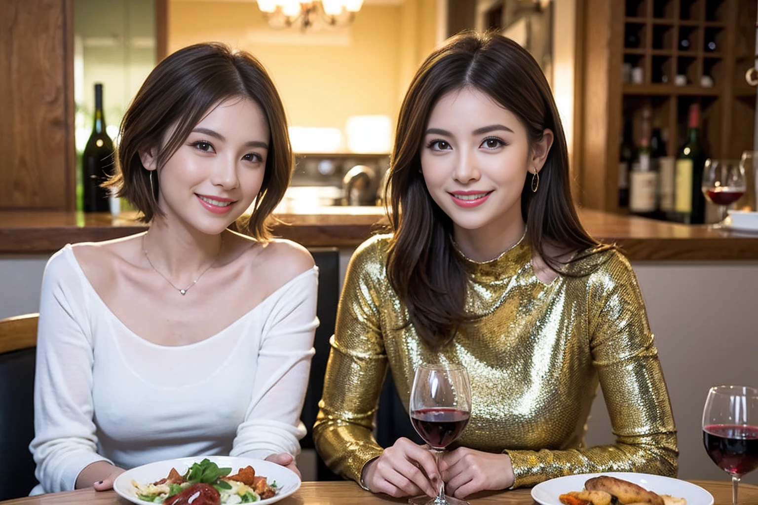 (Realistic:1.1),(masterpiece,Highest quality),8k,(40 years old), 42 years old, slimカップル、Model Couple、actress/actor、Tight waist,Upper Body,full-course dinner、wine 、Amazing view of the sunset sky and clouds、Perfect Anatomy, Brown Hair, short hair,Random Hairstyles,((Highly detailed face and eyes:1.2))(cute顔:1.4),美しいactressの顔,Perfect golden ratio face,Long sleeve shirt、dress,(smile:1.2)、Shortcuts、cute、(Realistic, Intricate details:1.2), A bright smile、short hair,Bright Face、赤wine 、Appetizers、Italian food、wine bottle、Champagne、スパークリングwine、(slimな顔), (The body is slim), (Brown Hair), (Shortcuts), Upper Body, 白wine, slim, wineグラス,
