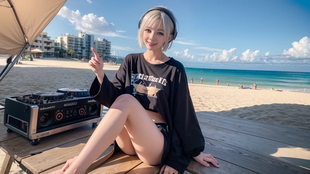 (ultra - detailed, 16K resolution, Cinema lenses, rendering by octane), (high resolution:1.18), intricate detail, (masterpiece:1.1), (highest quality:1.1), (1girl, portrait, white hair, blue eyes, short hair, detailed eyes),Wearing silver DJ headphones, sequined T-shirt, (in the beach:1.5), (Iconic hip-hop pop costumes:1.3), Smile while DJing on stage, DJ studio next to the beach, ((A stylish DJ stage on a hill overlooking the beach)), full body shot, Photorealistic photography by Sunshine, (cute round face:1.3), perfect fingers, five fingers, beautiful hands, perfect hands. master peace, cute smile, Fixhand.