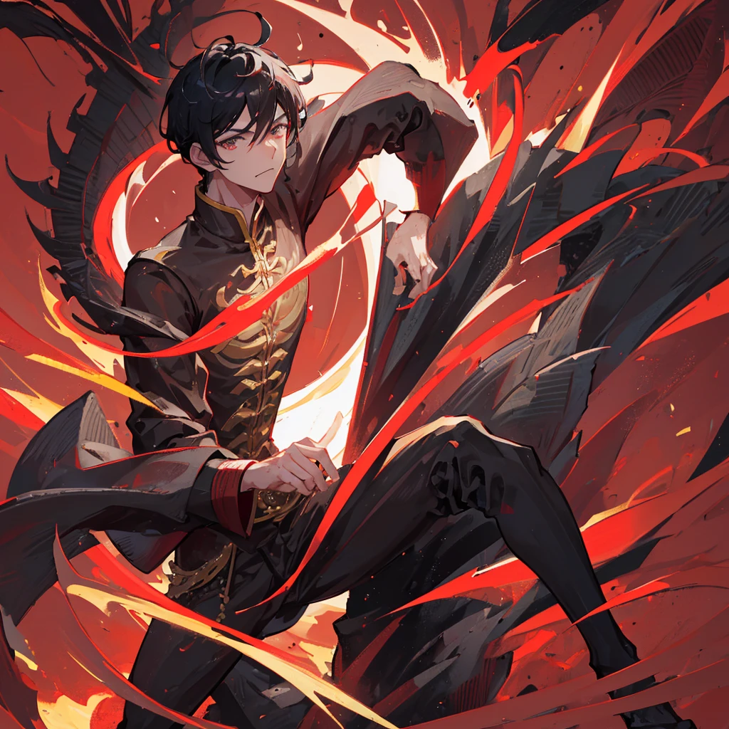 A handsome guy,male,Chinese style,Shenlong,Black short hair,Red clothes,((Pure red background))