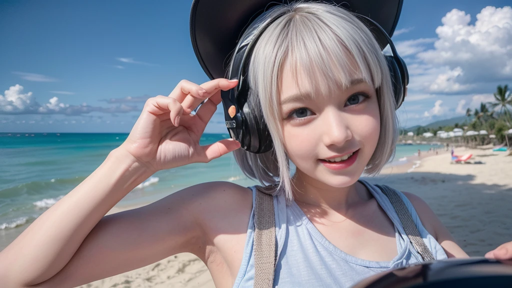 (ultra - detailed, 16K resolution, Cinema lenses, rendering by octane), (high resolution:1.18), intricate detail, (masterpiece:1.1), (highest quality:1.1), (1girl, portrait, white hair, blue eyes, short hair, detailed eyes),Wearing silver DJ headphones, sequined T-shirt, (in the beach:1.5), (Iconic hip-hop pop costumes:1.3), Smile while DJing on stage, DJ studio next to the beach, ((A stylish DJ stage on a hill overlooking the beach)), full body shot, Photorealistic photography by Sunshine, (cute round face:1.3), perfect fingers, five fingers, beautiful hands, perfect hands. master peace, cute smile, Fixhand.
