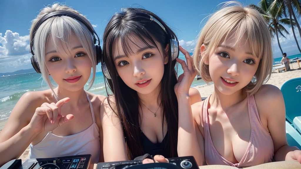 (ultra - detailed, 16K resolution, Cinema lenses, rendering by octane), (high resolution:1.18), intricate detail, (masterpiece:1.1), (highest quality:1.1), (1girl, portrait, white hair, blue eyes, short hair, detailed eyes),Wearing silver DJ headphones, sequined T-shirt, (in the beach:1.5), (Iconic hip-hop pop costumes:1.3), Smile while DJing on stage, DJ studio next to the beach, ((A stylish DJ stage on a hill overlooking the beach)), full body shot, Photorealistic photography by Sunshine, (cute round face:1.3), perfect fingers, five fingers, beautiful hands, perfect hands. master peace, cute smile, Fixhand.