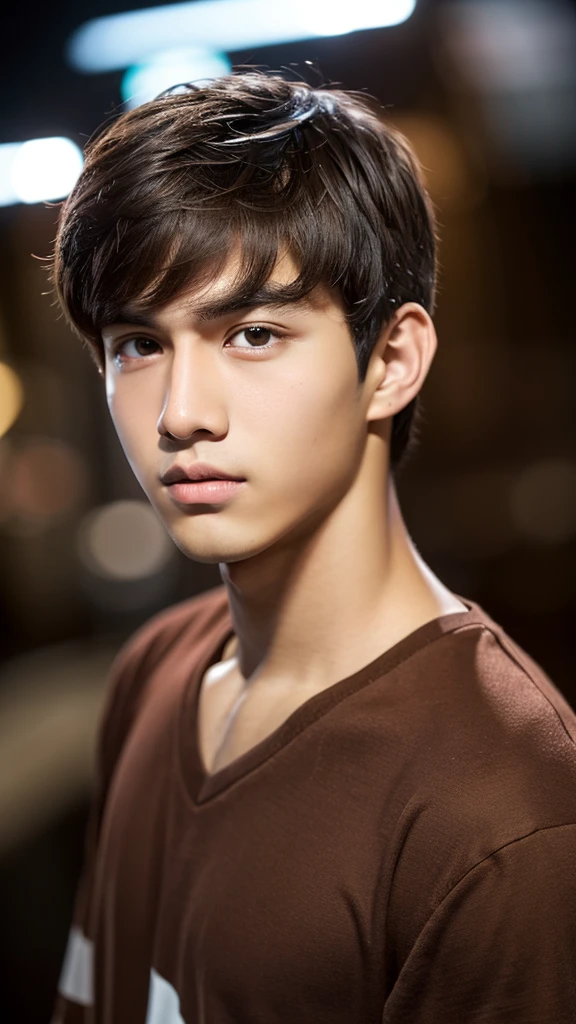 A big teenage boy with chocolate brown hair, and dark, perky-shaped eyes, with a triangular shaped face, He doesn&#39;t have a beard, but he has a little mustache, he has a beautiful smile, and a neutral white skin, he is already a teenager and he is tall, with the center part mullet haircut, He is very tall, with a well-kept fork