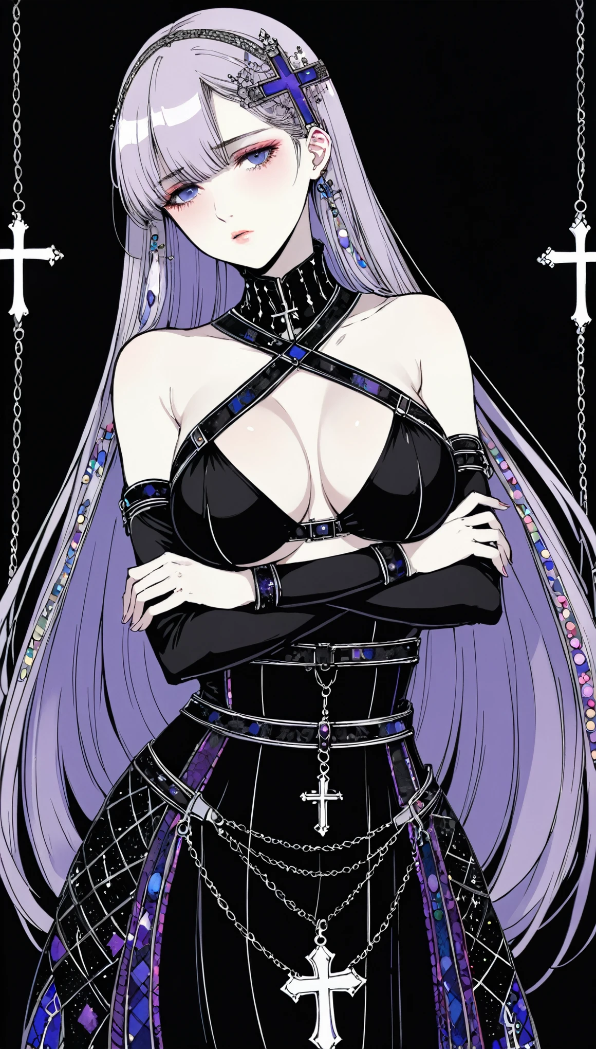 (in style of Harry Clarke:0.8),
1girl,(UnderBoob:1.1),(long hair:1.2),(soft breasts that are pressed by tight clothing:1.2),x-shaped cross bondage breast trim,squeezed breasts,(arms_crossed:1.3),