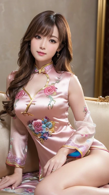 (超High resolution, masterpiece, Anatomically correct, Textured skin, Super Detail, Highest quality, High resolution, 8k, Front light:1.2, bloom, Perfect dynamic composition), ((24-years-old, Cute and sexy woman)), (Sexy Face, Round face, Distant eyes, Gentle eyelids, Thin eyebrows, Gentle corner of the eye), (Gal Makeup:1.0), (eyeliner), (Totally captivates you), (Eyes that feel erotic), (A taste of beautiful eroticism), (Too cute beauty), (Light blonde hair), (Long Hair, Curly Hair, bangs, Smooth Hair), ((She is wearing a rainbow-colored cheongsam with intricate and luxurious embroidery and gradient sleeves., Shiny satin fabric, Long slit cheongsam, accessories, Best body shape)), ((Looking into the camera:1.2)), ((Kyoko Fukada:1.0)), ((Mid-chest, Beautiful chest, Beautiful clavicle)), ((Beautiful and tight waist)), ((Beautiful thighs:1.2)), ((Beautiful ass)), ((Gorgeous and luxurious effects, Background aristocratic society)), ((Captivating smile:1.2)),((Shooting from the side:1.4)), ((Sit cross-legged on the sofa)) (Distant eyes, Gentle eyelids), ((Full Body Shot)), ((Shiny shins)), ((Smooth knees))