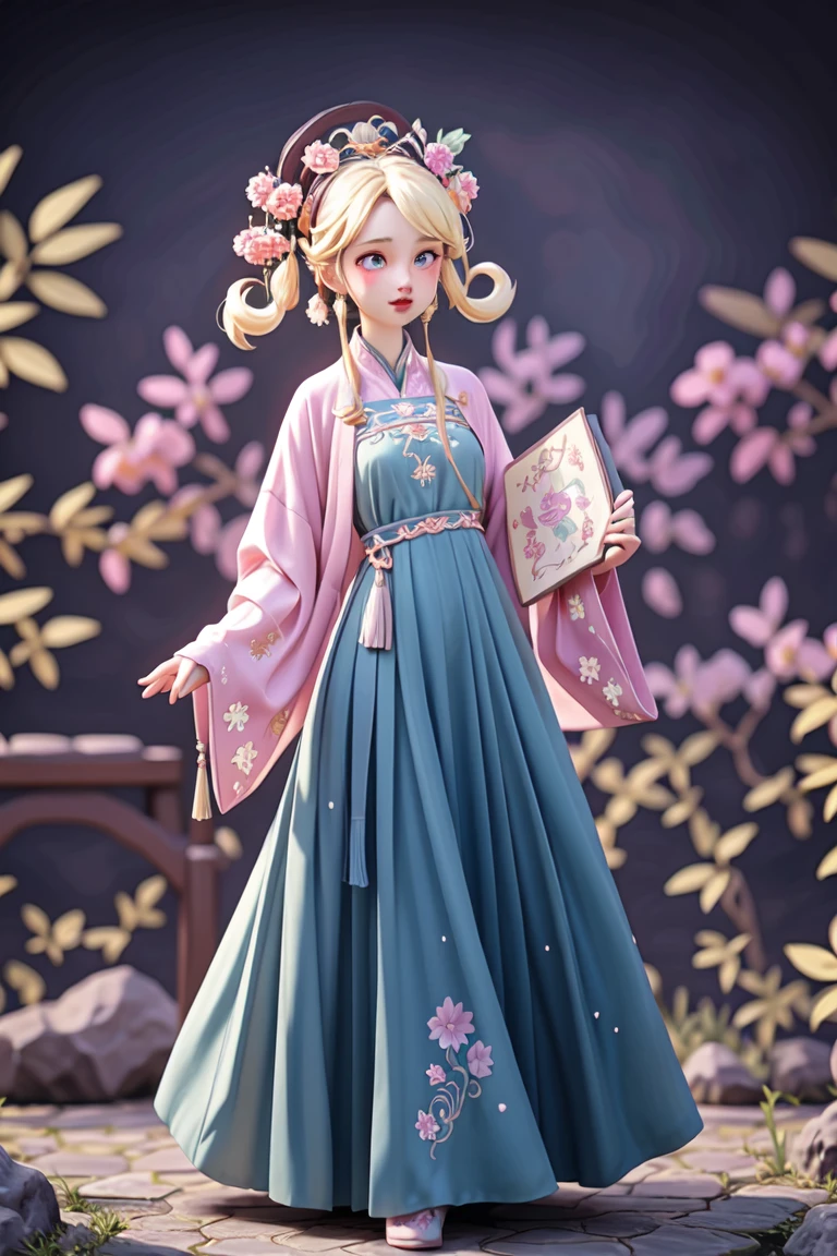 an epic colorful book cover of a 20th century young Blonde 20 year old Swedish witch, green eyes, transported in Tang Dynasty times in ancient China, European face, Tang dynasty clothes, wearing colorful red hanfu, neutral expression, holding a shining magic book, in a palace room, masterpiece, best quality, trending on artstation, intricate details, eerie magical atmosphere, sparkles, epic background, Chinese palace in the background