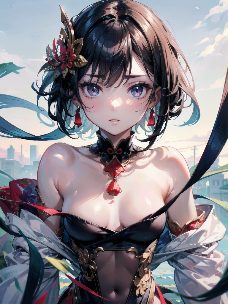 absurdres, RAW photo, extremely delicate and beautiful, masterpiece, Best Quality, ultra high resolution, 32k, hyperrealistic, ultra-detailed, perfect anatomy, anatomically correct, perfect figure, Perfect Style, Perfect balance, in her 20s, very small head, very small face, delicate facial features, tearful mole, earring, very huge round breasts, full body shot, medium hair, (outdoor:1.2), jiangshi,