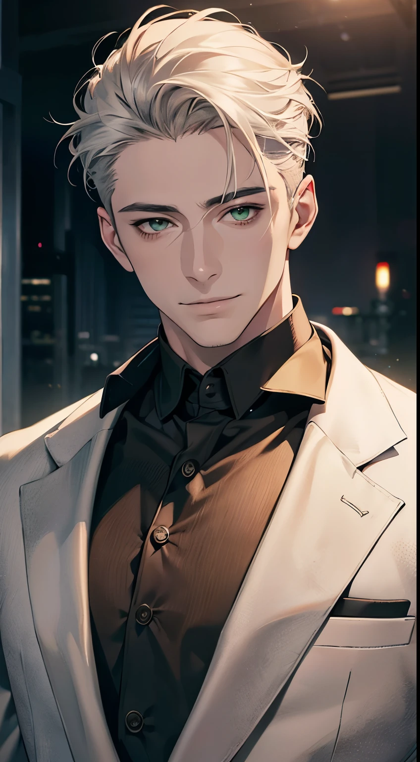 (Highest quality,4K,8K,High resolution,masterpiece:1.2),Super detailed,(Realistic,photoRealistic,photo-Realistic:1.37),1 person,34 years old,Mature Men,Beautiful skin、very handsome,Expressionless smile in love,Short white hair,green eyes,Sharp Eyes,A perfect face without a doubt,Businessman, CEO, Office Background,Cinema Lighting,HDR image,tie、