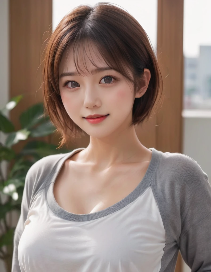 (highest quality, masterpiece:1.3, ultra high resolution), (Super detailed, caustics, 8k), (photorealistic:1.4, RAW shooting), 1 girl, (look at the camera with a smile), 20-year-old, cute, Japanese, gradient hair color, Wolf Bob Kat hairstyle, ponytail hairstyle, Natural lips, (Cropped sweater, ripped jeans), wearing earrings, cleavage, Modern Place Background, bust up shot, face focus, Natural light, Backlight, (A bright light shines from above), (Lens flare), professional writing, perfect bodies, perfect arms, Perfect fingers, perfect legs, perfect hair, pores, Realistic skin texture, perfect teeth, (low position), (Low - Angle), negativeXL_D, ImgFixerPre0.3