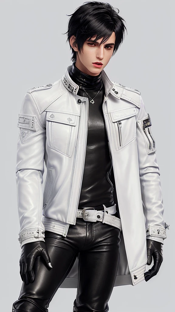 Final fantasy taste and reality graphics, Japanese young cute and cool ikemen boy, his age is early 20s, thin eyebrows and beady eyes, ((he wearing off white color leather thick material jacket)), ((jacket is singlebrest)), biker style jacket, with epaulet, jacket is long sleeve, ((must close the front of the leather jacket)), , ((voluminous leather jacket)), ,((must jacket is high length and stand-up collar)) ((jacket collar with two belts)), ((jacket is a little black color line pattern)),((close the front of the jacket)), ((also wearing black thick material turtleneck lackluster shirts)), ((tight black leather pants)), ((black leather tight and thin glove)), ((black leather knee-high raceup boots)),((must views head-to-toe)),((must views whole body)), ,((Do not show skin from the neck down)),leather jacket leather glove and leather pants have few wrinkles, Avoid showing your innerwear,zip up jacket fastner.must put on a leather glove.
Bous face is expression of ecstasy.
Boy is black hair.boy looks like fashion model.