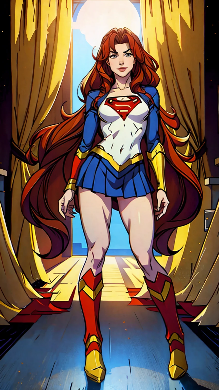 masterpiece,Sexy, Superheroine, Red hair, long hair, busty, ((blue highleg leotard with a t-back thong and a gold star insignia on chest)), gold boots, gold gloves, curvy, ((cleavage cutout)), anime, rape, ((doggy-style)), cumshot