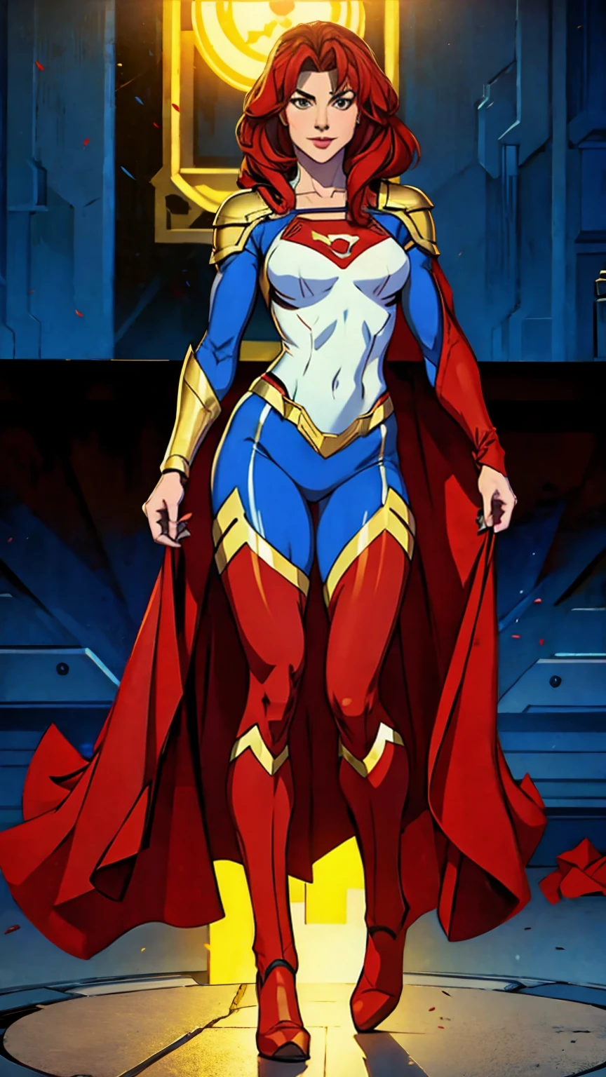 ((Full body photo,standing, feet on the ground))supergirl A red-haired warrior man with yellow eyes wearing black and gold Supergirl armor