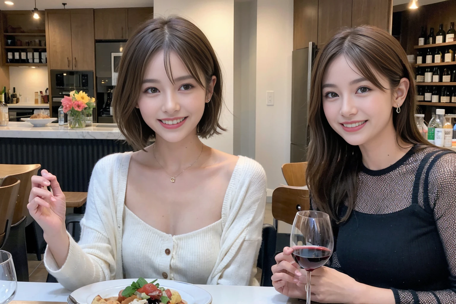 (Realistic:1.1),(masterpiece,Highest quality),8k,(44 years old), 42 years old, slimカップル、Model Couple、actress/actor、Tight waist,Upper Body,full-course dinner、wine 、Amazing view of the sunset sky and clouds、Perfect Anatomy, Brown Hair, short hair,Random Hairstyles,((Highly detailed face and eyes:1.2))(cute顔:1.4),美しいactressの顔,Perfect golden ratio face,Long sleeve shirt、dress,(smile:1.2)、Shortcuts、cute、(Realistic, Intricate details:1.2), A bright smile、short hair,Bright Face、赤wine 、Appetizers、Italian food、wine bottle、Champagne、スパークリングwine、(slimな顔), (The body is slim), (Brown Hair), (Shortcuts), Upper Body, 白wine, slim, wineグラス,