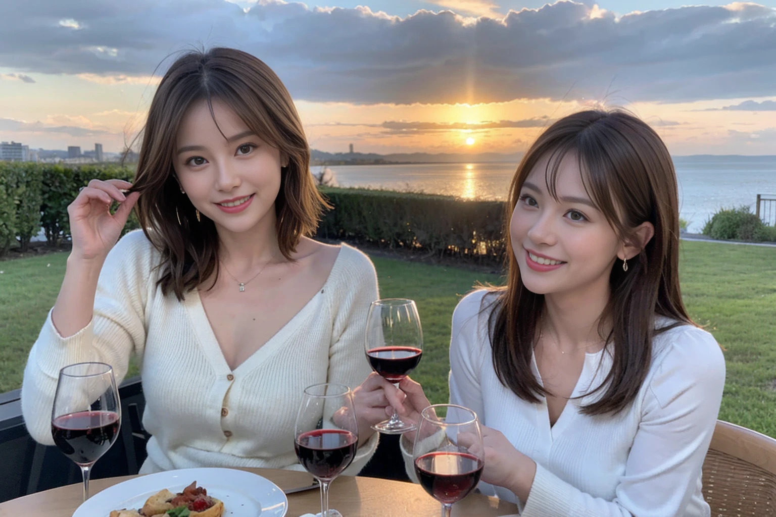(Realistic:1.1),(masterpiece,Highest quality),8k,(44 years old), 42 years old, slimカップル、Model Couple、actress/actor、Tight waist,Upper Body,full-course dinner、wine 、Amazing view of the sunset sky and clouds、Perfect Anatomy, Brown Hair, short hair,Random Hairstyles,((Highly detailed face and eyes:1.2))(cute顔:1.4),美しいactressの顔,Perfect golden ratio face,Long sleeve shirt、dress,(smile:1.2)、Shortcuts、cute、(Realistic, Intricate details:1.2), A bright smile、short hair,Bright Face、赤wine 、Appetizers、Italian food、wine bottle、Champagne、スパークリングwine、(slimな顔), (The body is slim), (Brown Hair), (Shortcuts), Upper Body, 白wine, slim, wineグラス,