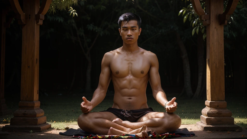 Very detailed surreal image with black background. Prince Siddha Buddha, handsome young Thai man raise your hand and give your blessing beautiful light is shining. Sitting on a spiral made of dark brown roots of a beautiful old Thai art tree. It resembles a Bodhi tree style around which monks were sitting and listening to sermons. It is decorated with Thai krakong patterned flowers. Very detailed image creating atmosphere with movement golden mist spreading at the base. His face is sharp.