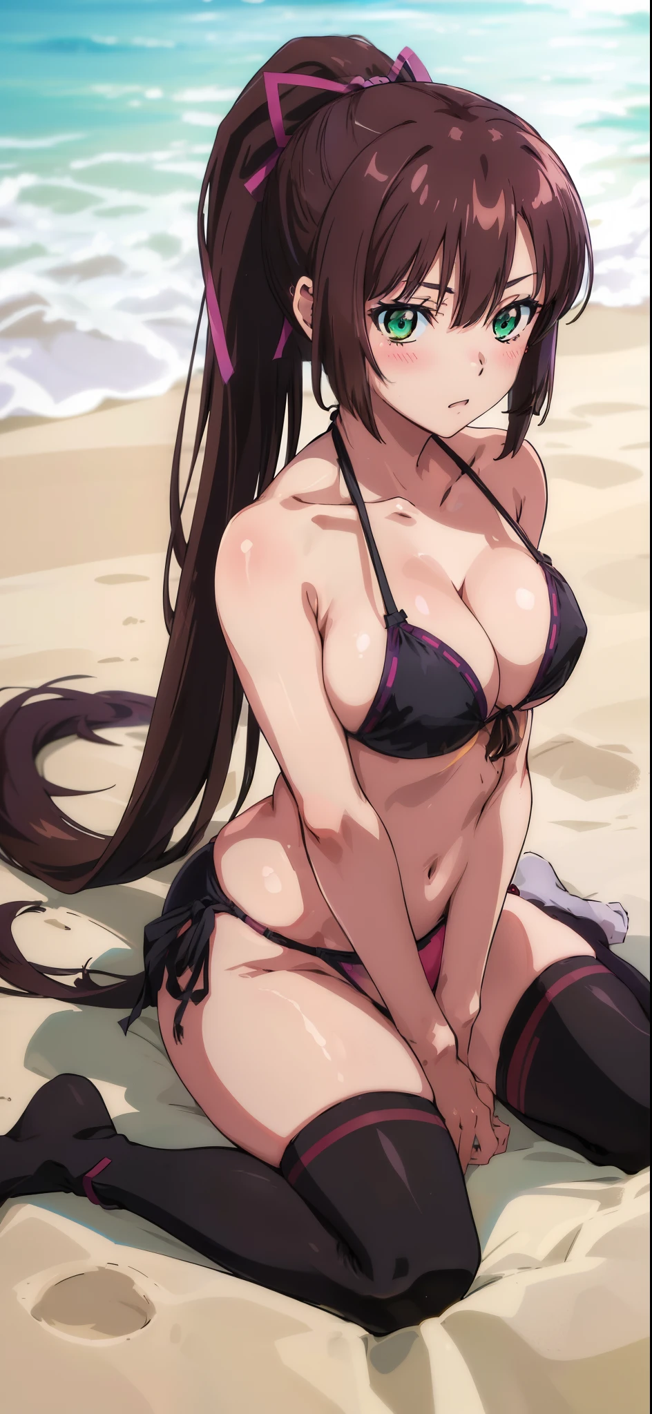 masterpiece, best quality,1girl,solo,kirasaka sayaka,brown hair,long hair,ponytail, hair ribbon, green eyes,,purple thighhighs, wariza, (bikini), sitting.
