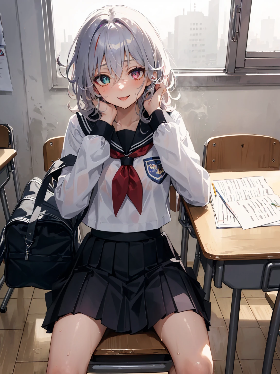 ((masterpiece, best quality)),best aesthetic,1girl, , desk, sitting, school desk, detailed iris, sparkle eyes, star in eyes, enchanting purple eyes, (multicolored eyes), (shining dust), (heterochromia), (messy hair:1.3), (hair between eyes), (hair over one eye), (wavy hair:1.1), classroom, long hair, indoors, chair, looking at viewer, :p, solo focus, brown eyes, skirt, long sleeves, open legs, spread legs, wet, sweating, pencil, pencil case, paper, black serafuku, pleated skirt, sailor collar, bangs, headrest, school bag, school chair