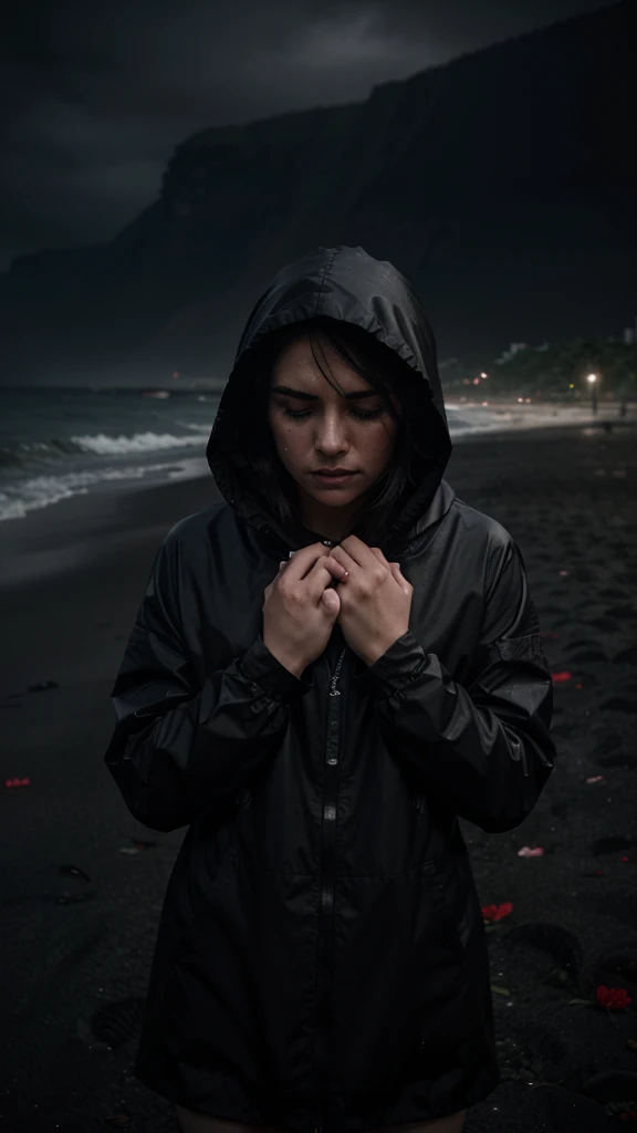 broken grief heart character crying, grief scene, most of red roses, most details, raining weather, blitz lighting at beach, 32k, UHD, HDR, crying, tears, wearing hood, ais-abandz, (dark theme:1.2), (black sand:1.1), Perfect Hands
