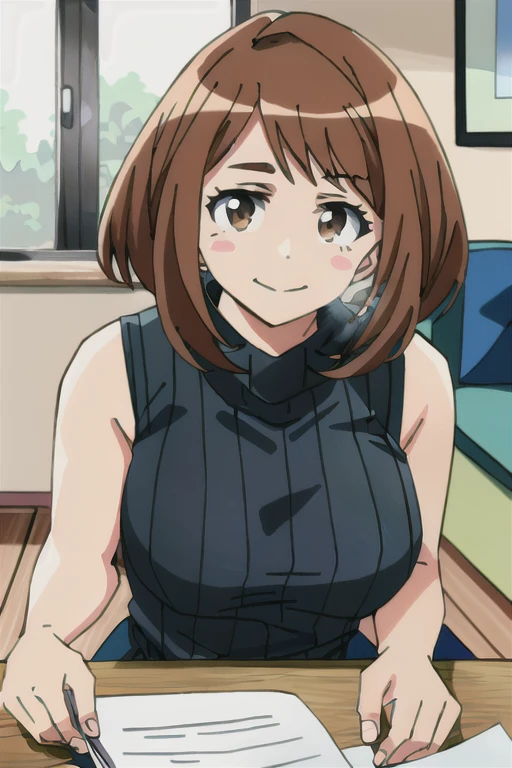 (extremely detailed CG unity 4k wallpaper),(masterpiece),(best quality),(ultra-detailed),(best illustration),(best shadow),(absurdres),(detailed background) 1girl, solo, Imagine Ochaco Uraraka being 45 year old, MILF, brown hair, brown eyes, blush stickers, short hair,  wearing a (cowlneck-sweater:1.1) and (leggings:1.1), smile, upper body, indoors, detailed background, living room, wide shot, posing for the camera,
