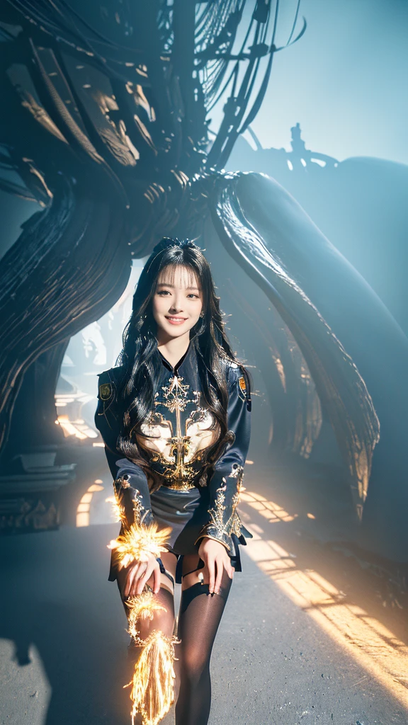 masterpiece, best quality, (extremely detailed CG unity 8k wallpaper), (best quality), (best illustration), (best shadow), absurdres, realistic lighting, (Abyss), beautiful detailed glow, art by PeterMohrBacher, 1 very beautiful girl, long black hair, cute smile, cute shirt, sexy black tights, detailed eyes, detailed face, perfect skin