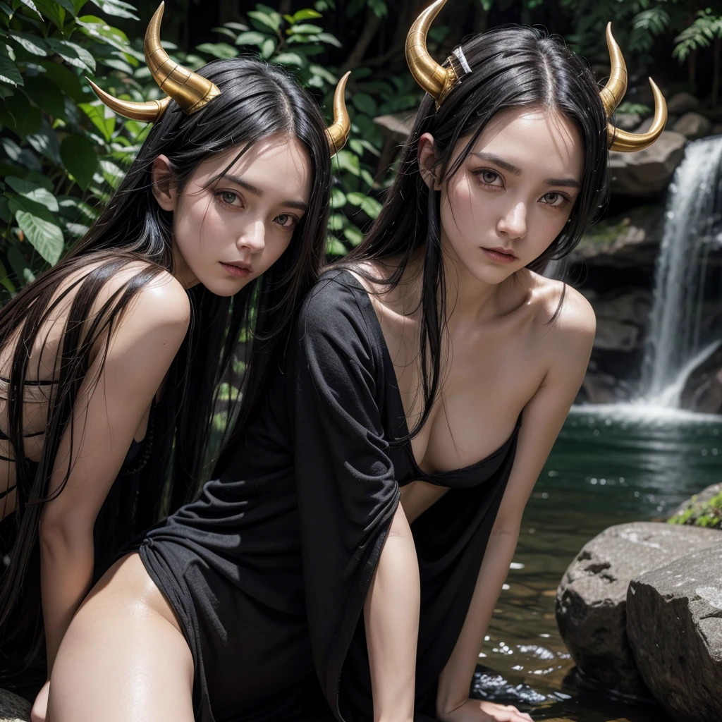 Incubus, black hair, golden horns, black clothes, red eyes, close to a waterfall