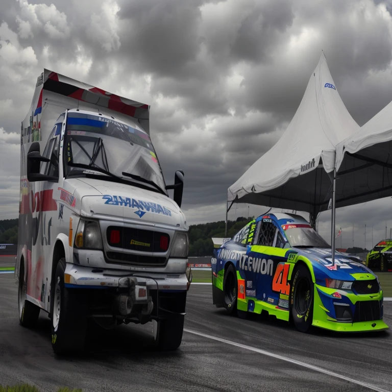 there are two cars parked next to each other under a tent, a head-on, motorsports photography, hdr shot, hdr photo, nascar, on a racetrack, by Andrew Domachowski, nascar race, hdr photograph, hdr color, racing, daytoner, by Anthony Devas, edited, hdr, “wide shot, photo still, desktop background
