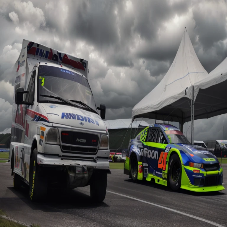 there are two cars parked next to each other under a tent, a head-on, motorsports photography, hdr shot, hdr photo, nascar, on a racetrack, by Andrew Domachowski, nascar race, hdr photograph, hdr color, racing, daytoner, by Anthony Devas, edited, hdr, “wide shot, photo still, desktop background