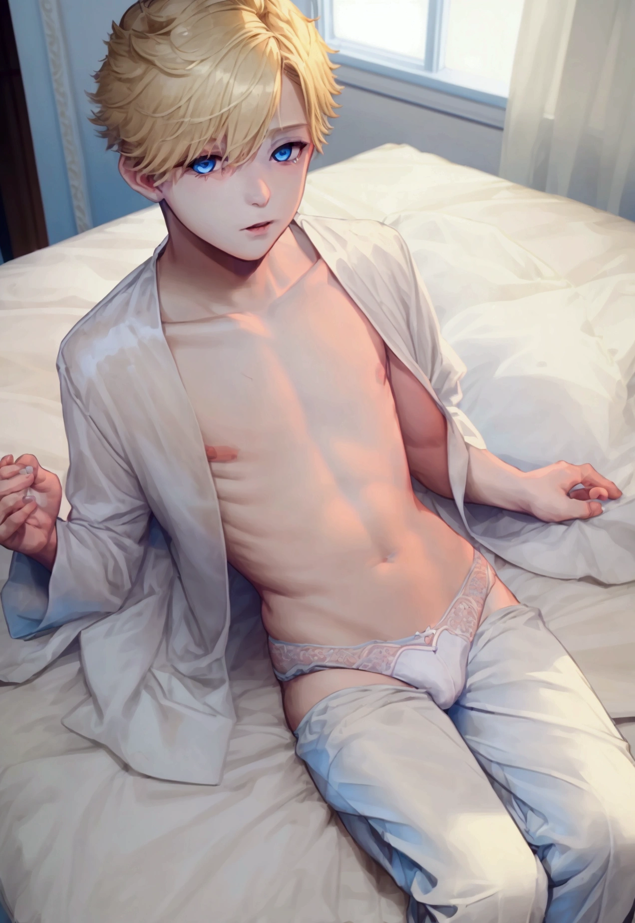 ((((((One boy)))))), fluffy blonde short hair, Wolf Year, Wolf's tail, Slim figure, ((Pale skin)), Sky blue eyes, Joyful, Thick thighs, lingerie, Big Ass, tooth, Narrow waist, Thin body type
