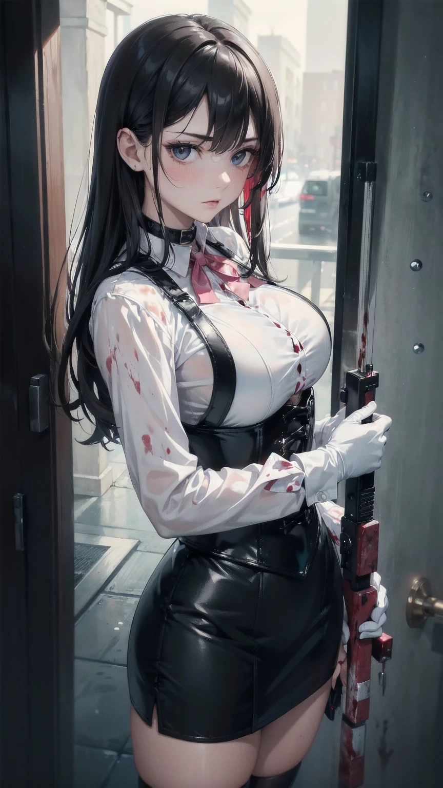 ((blood droplets)), ((blood)), ((blood splatter)), ((blood on clothes)) ((blood stain)), masterpiece, Superior image quality, High resolution, 4k image,photo and gross, photorealistic, whole body, distant view, ung man of 15 years, {{{vagina}}}, big breasts, beautiful face, long black hair, black eyes, very detailed eyes, pink cheeks, serious expression, choker:1.6, (white collar button down long sleeve shirt), black gloves, gloves that cover hands, (holding a light crossbow in the right hand), (black leather corset), (shiny black miniskirt), Sensual Lips, show details in the eyes, View from the front, looking at the viewer, walking in an elegant hallway