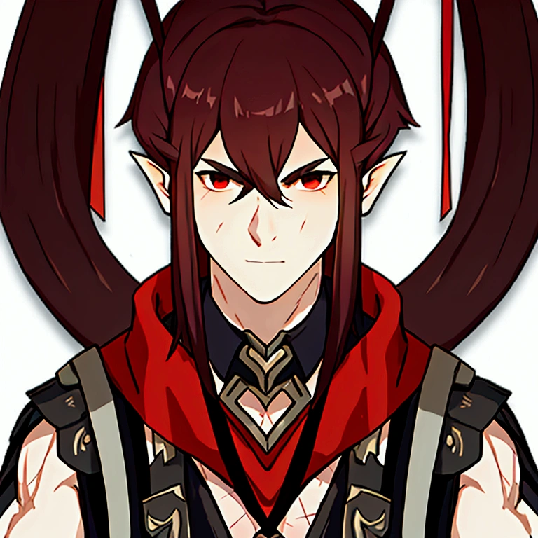 masterpiece, best quality, simple background, simple background, simple background, simple background, simple background, portrait, solo, 1man, 40 years, tall, muscular man, gradient black and red hair, combed back short hair, muscular man, slightly swarthy skin tone, small scars on the chest, broad shoulders, muscular body, unique pointed ears