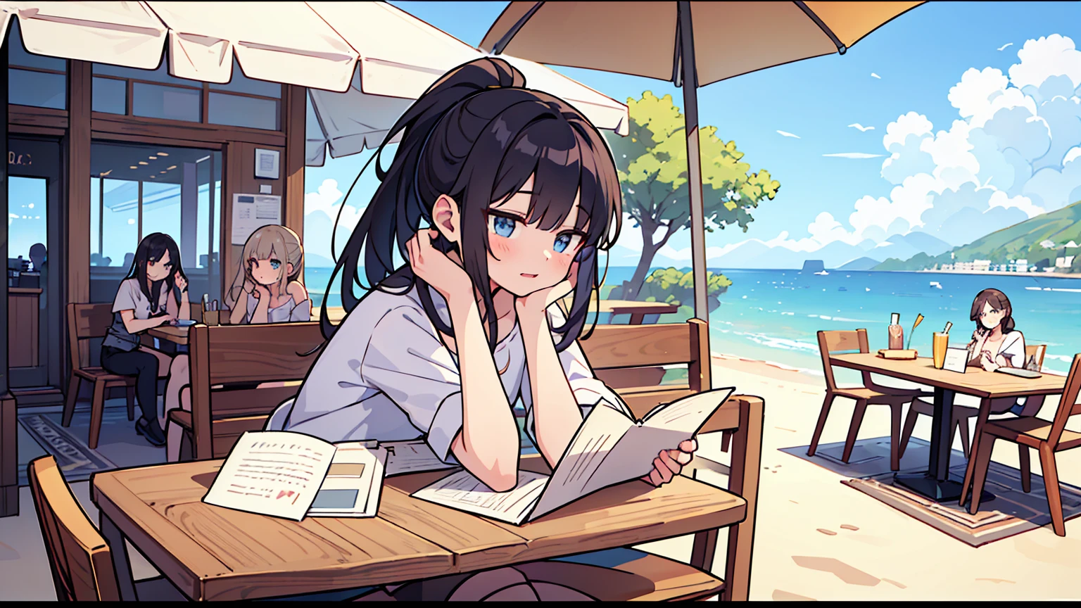 (masterpiece, best quality),Women with different faces and hairstyles, different hair colors, different faces, ponytail, letterboxed, perfection of fashion,chapped lips, casual attire, upper body, from the side,Terrace cafe with white sand and beach view,study at the table, eyes look at the note, together, stylish outfit,