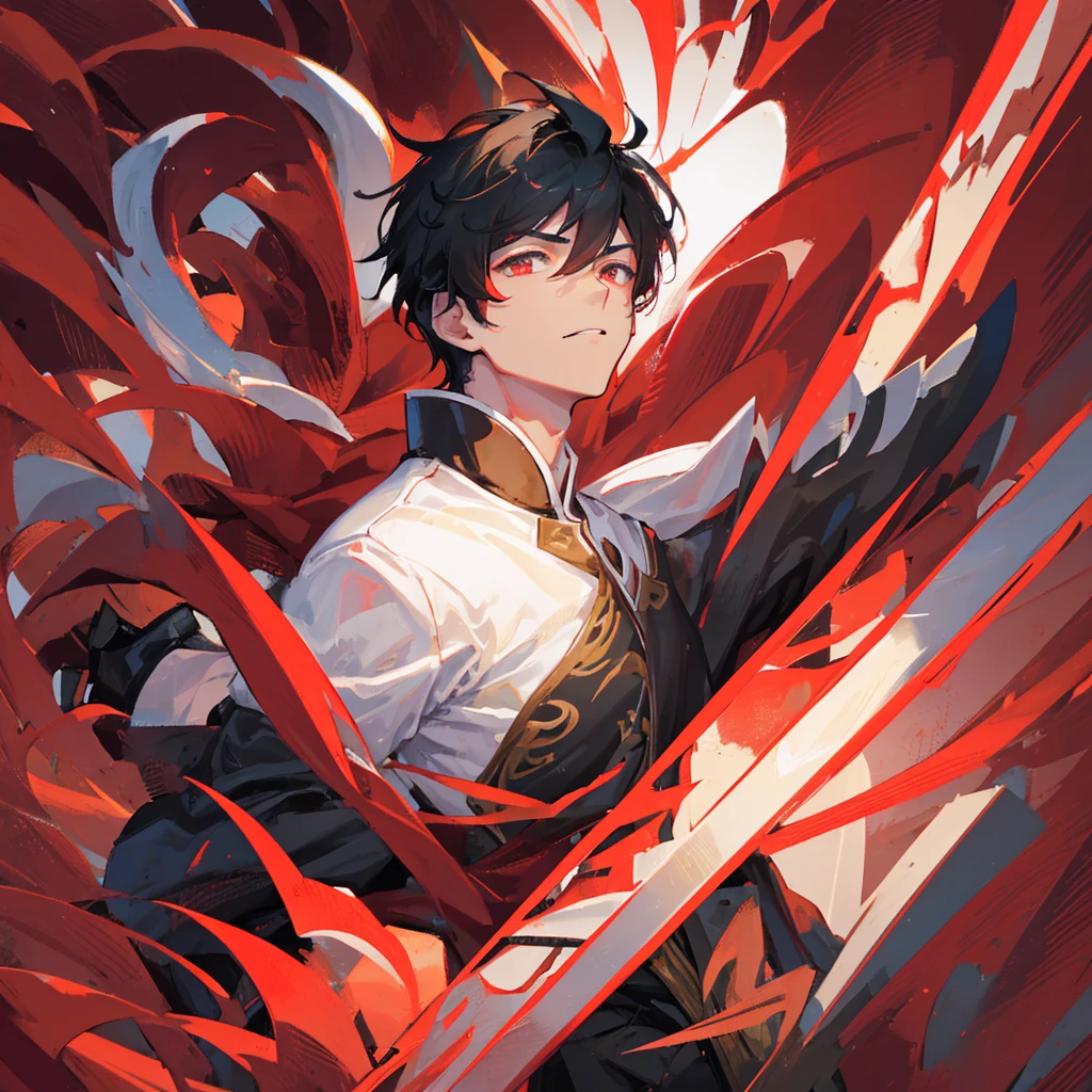 A handsome guy,male,Chinese style,Shenlong,Black short hair,Red clothes,((Pure red background))