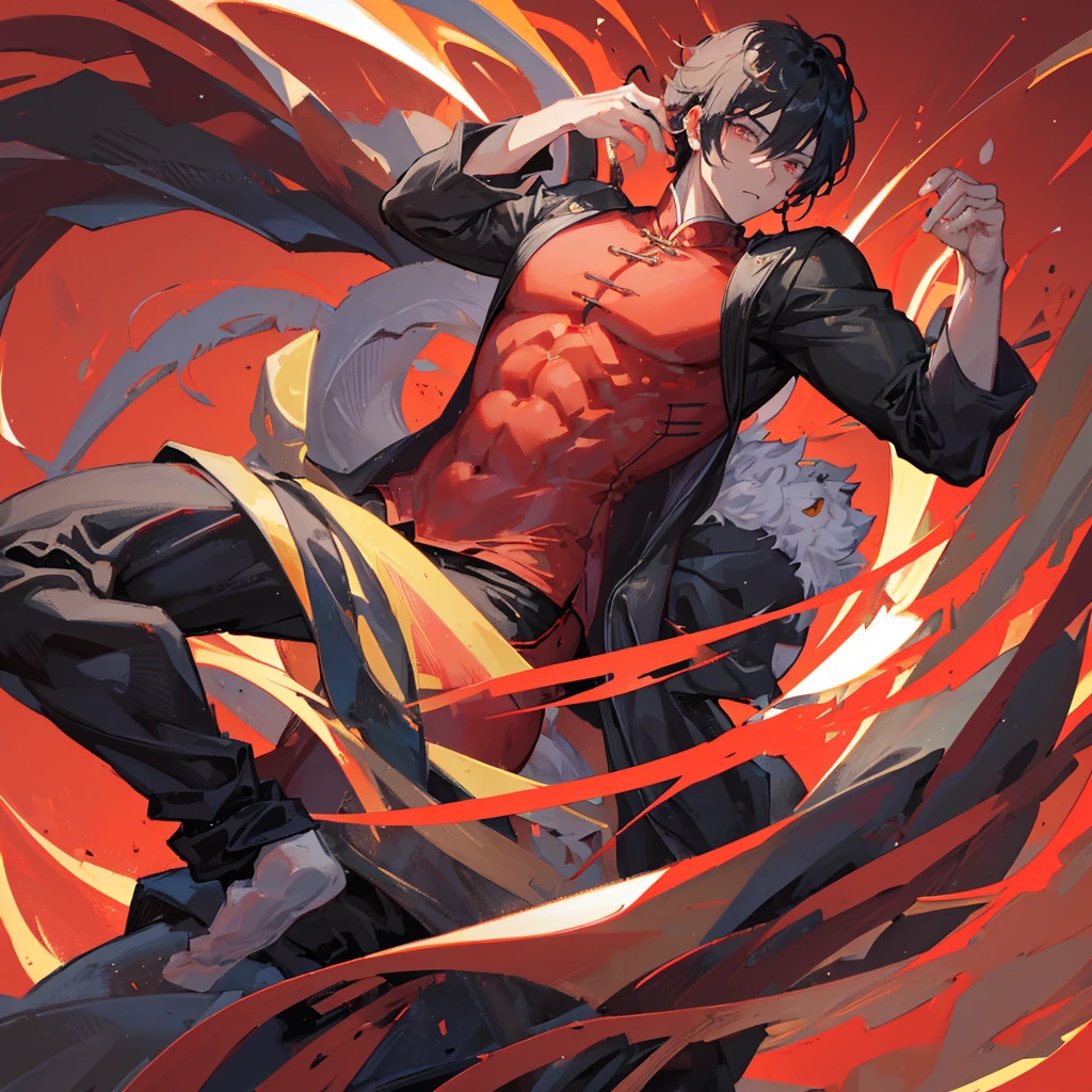 A handsome guy,male,Chinese style,Shenlong,Black short hair,Red clothes,((Pure red background))