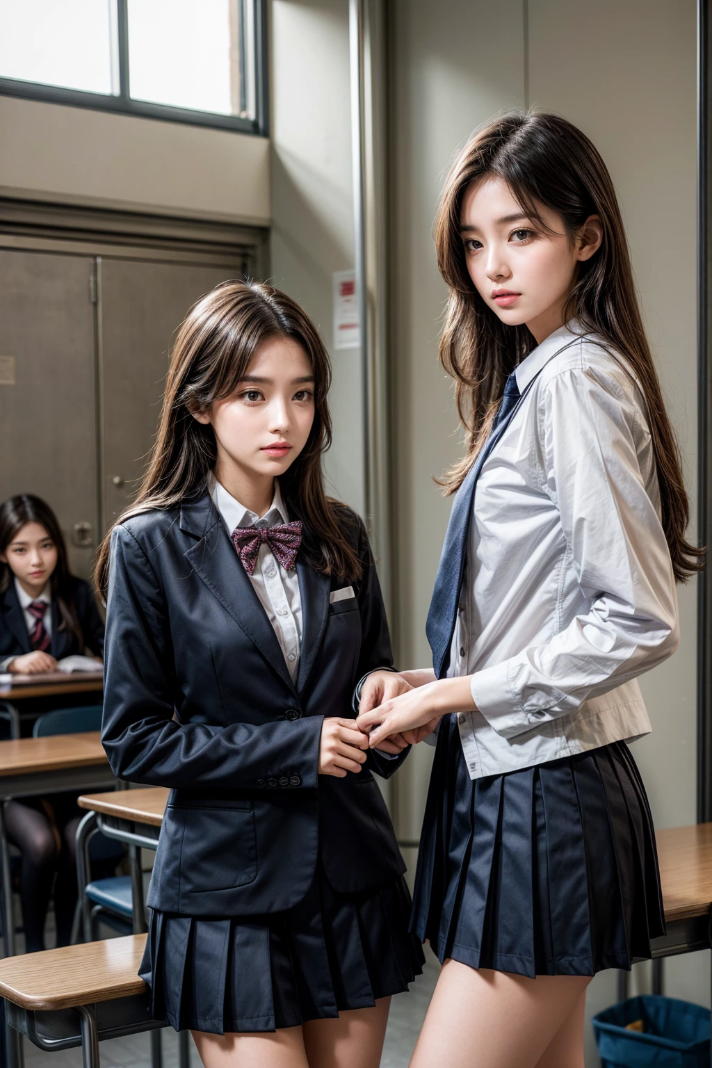 Romantic Student, Two female students in school uniform, Female couple, Tall and skinny, beautiful, Alumni, classmate