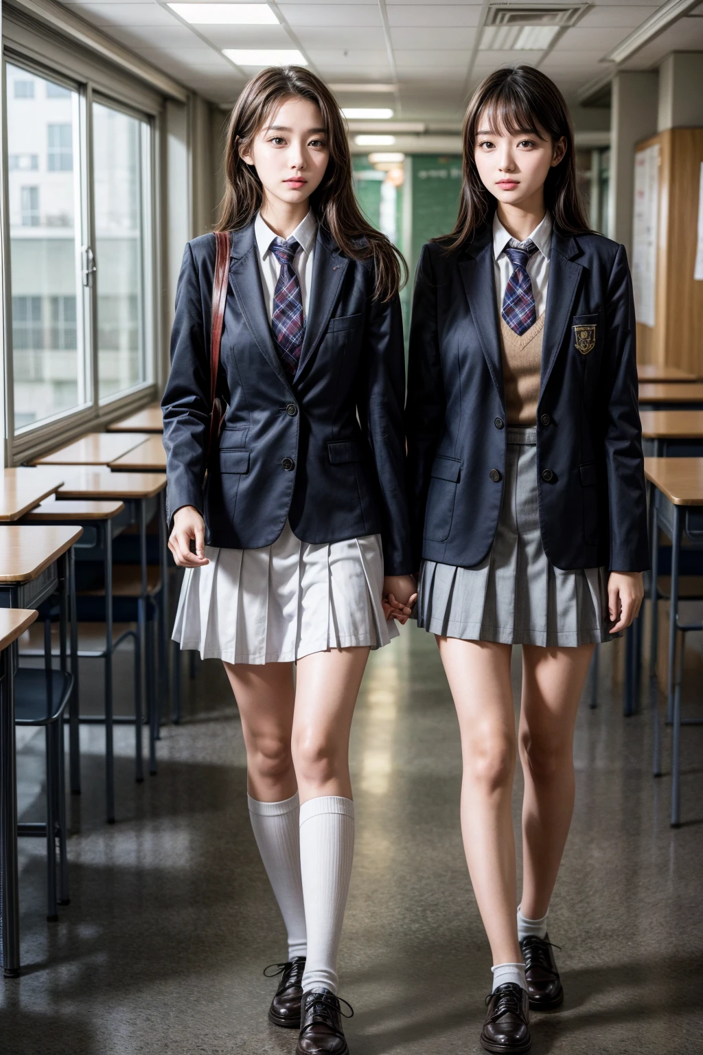 Romantic Student, Two female students in school uniform, Female couple, Tall and skinny, beautiful, Alumni, classmate