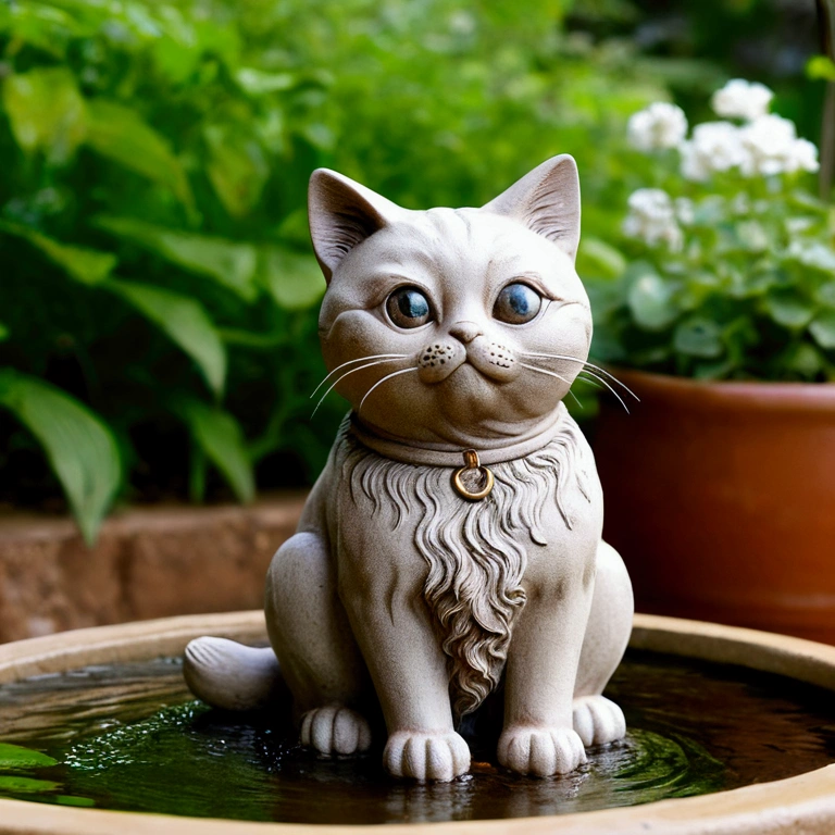 A round-eyed cute cat, Garden fountain, , Distant home, cute, Little