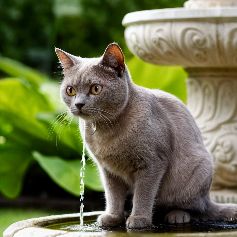 A round-eyed cute cat, Garden fountain, , Distant home, cute, Little