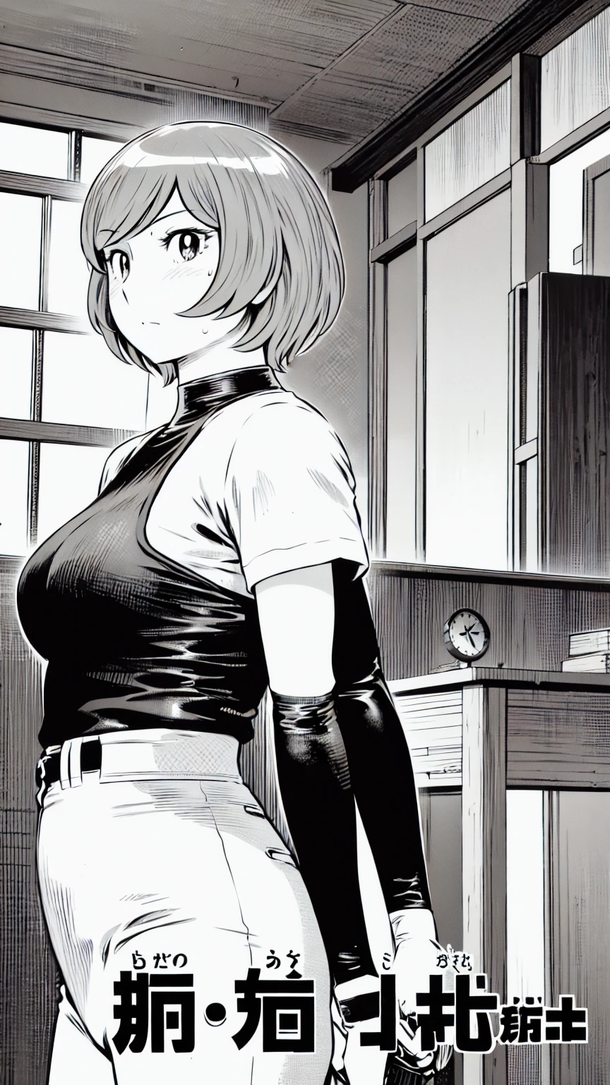 、(masterpiece、Highest quality)、Highest quality, Ultra-high resolution, (((masterpiece))), alone, Sweat、Big eyes,Tight black shirt、Tight white pants、belt、indoor、Composition from the front、（Cut the back hair short、short hair、blonde、woman）、Shortcuts、Embarrassed face、Cut your hair short、可愛いwomanの子、Big Breasts、Inside the room、Full Color、Baseball uniform