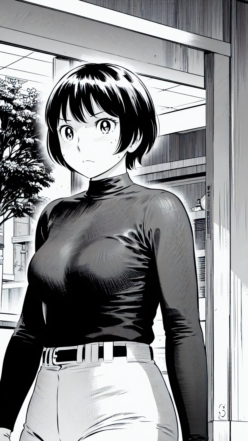、(masterpiece、Highest quality)、Highest quality, Ultra-high resolution, (((masterpiece))), alone, Sweat、Big eyes,Tight black shirt、Tight white pants、belt、indoor、Composition from the front、(Cut the back hair short、short hair、blonde、woman)、Shortcuts、Embarrassed face、Cut your hair short、可愛いwomanの子、Big Breasts、Inside the room、Full Color、Baseball uniform