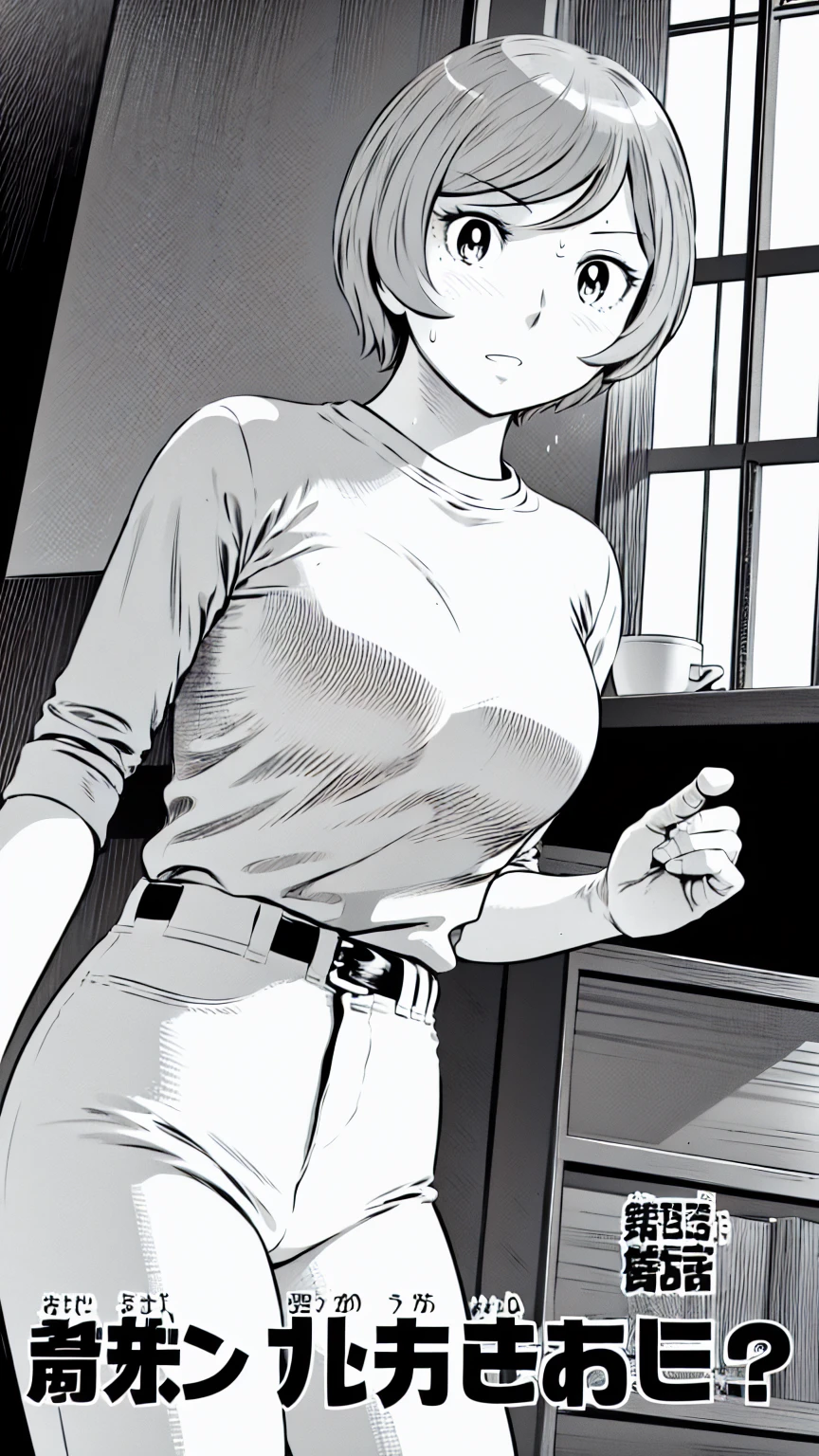 、(masterpiece、Highest quality)、Highest quality, Ultra-high resolution, (((masterpiece))), alone, Sweat、Big eyes,Tight black shirt、Tight white pants、belt、indoor、Composition from the front、(Cut the back hair short、short hair、blonde、woman)、Shortcuts、Embarrassed face、Cut your hair short、可愛いwomanの子、Big Breasts、Inside the room、Full Color、Baseball uniform