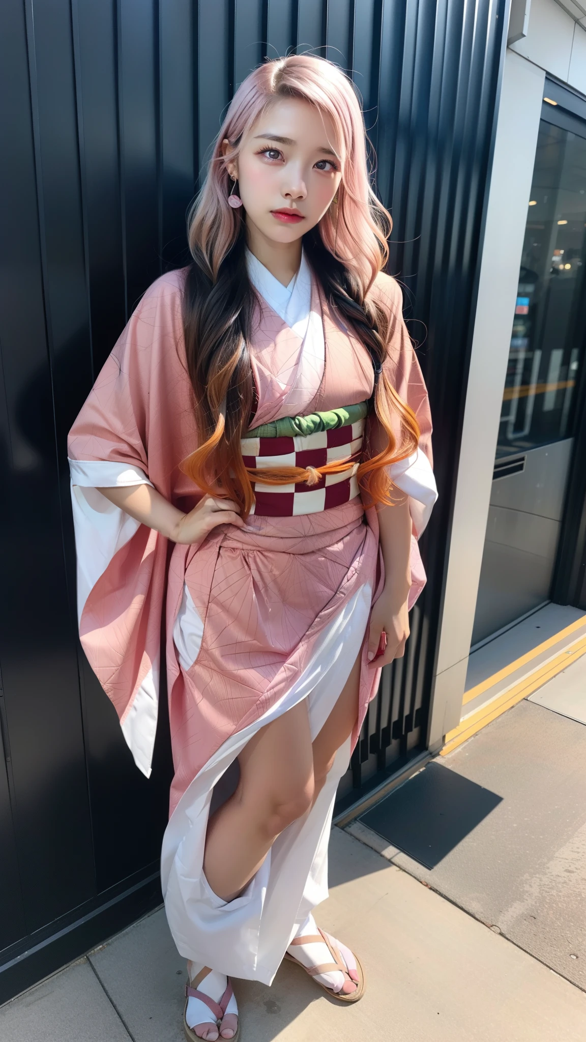 Cute Japanese woman, (), (Very cute face: 1.3), White and moisturized skin,
BREAK,
Fighter, Kung Fu fighter, Idol,
BREAK,
(Wearing cute kimono: 1.3), (Very revealing kimono), Very large earrings, Short length,
BREAK,
(Long hair), (Gray hair), (Wavy hair), (Gradient pink hair: 1.3), (Red hair at the ends),
BREAK,
(Realistic: 1.3), Masterpiece, Perfect lighting, (Ultra high resolution), (8K), (Very detailed: 1.4), (From the front), Looking at the camera, Melancholy expression, (Full body: 1.3),
BREAK,
(Japanese city streets: 1.2), (Great fire in the background),
BREAK,
(Demon Slayer: 1.4),
BREAK,
(Hellfire: 1.2), Demon,